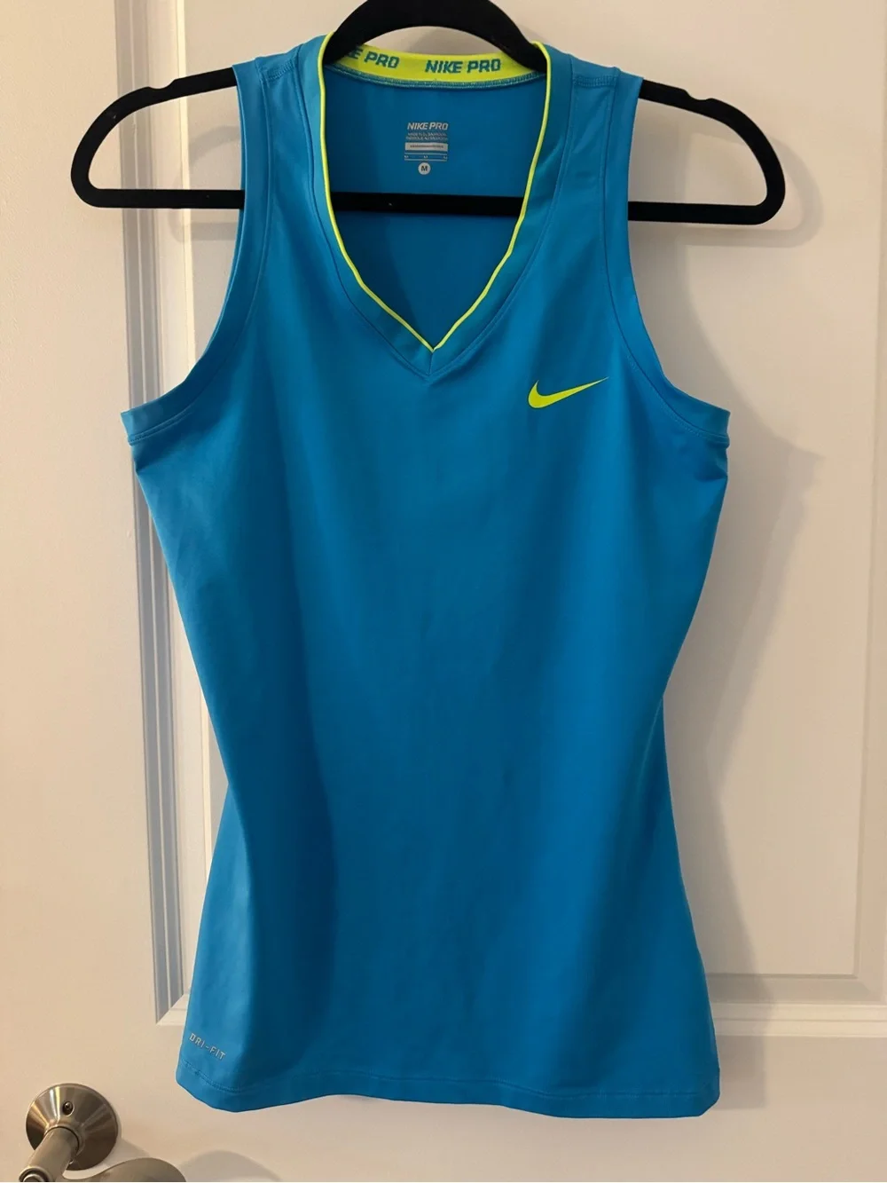 Nike Women's V-Neck Pro Tank in Bright Blue with Neon Yellow Trim